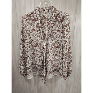 Woman's Blouse Top floral Birds long sleeve tie top S Business Old Money NWT